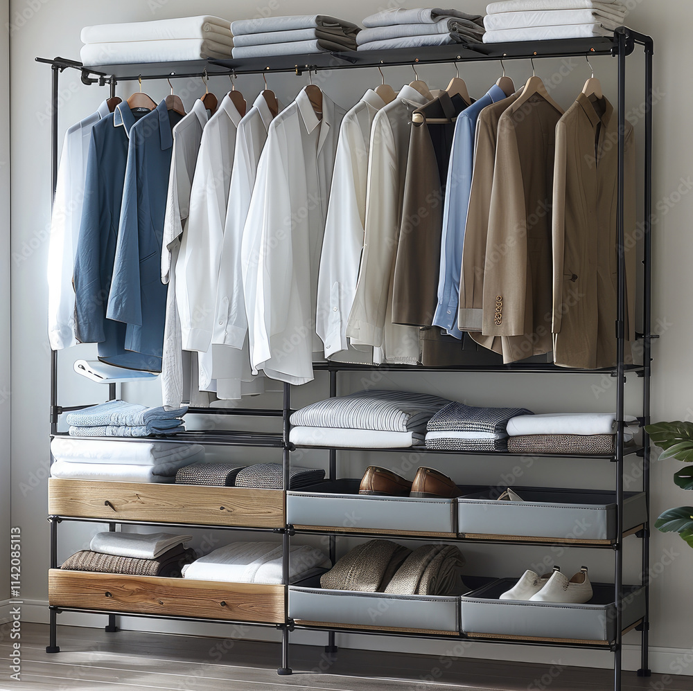A clothes rack, a place for a man to hang clothes and another for a woman. Shelves and Drawers for linen. A clothes rack, a place for a man to hang clothes and another for a woman. Shelves and Drawers for linen.