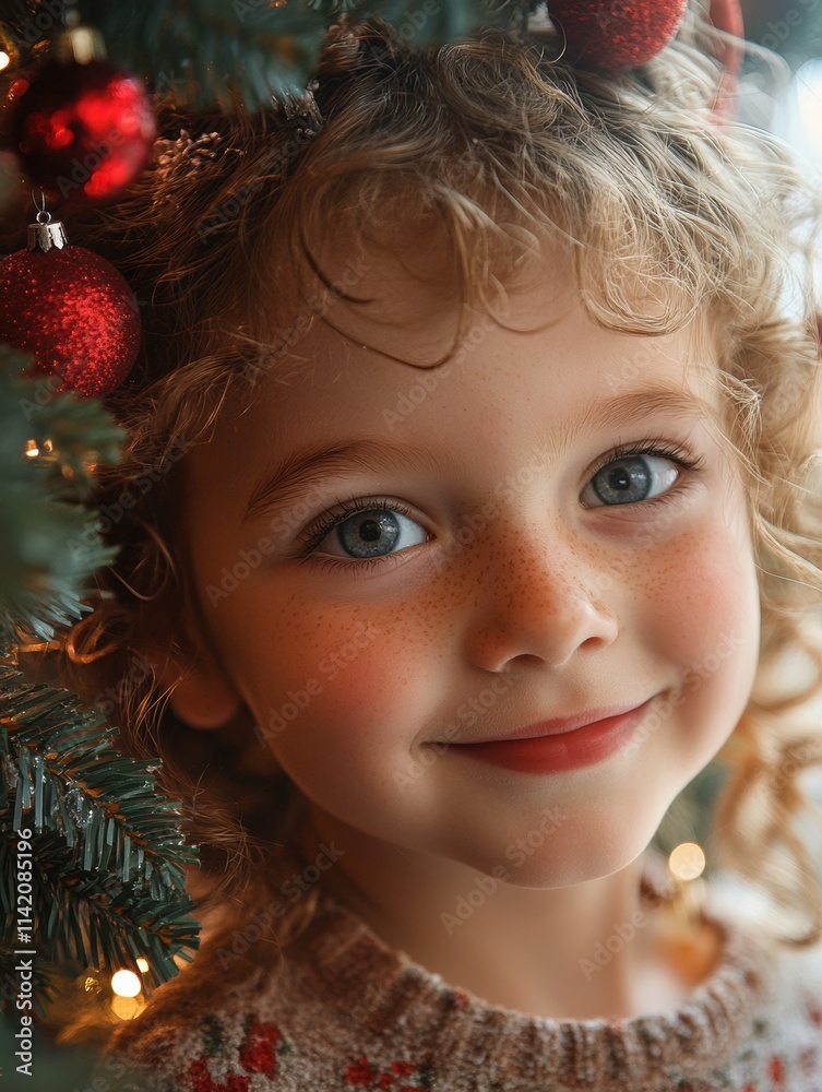 Adorable child with curly hair and bright eyes peeking through Christmas tree branches, festive holiday portrait, joyful seasonal spirit, warm glowing lights, childhood innocence Adorable child with curly hair and bright eyes peeking through Christmas tree branches, festive holiday portrait, joyful seasonal spirit, warm glowing lights, childhood innocence