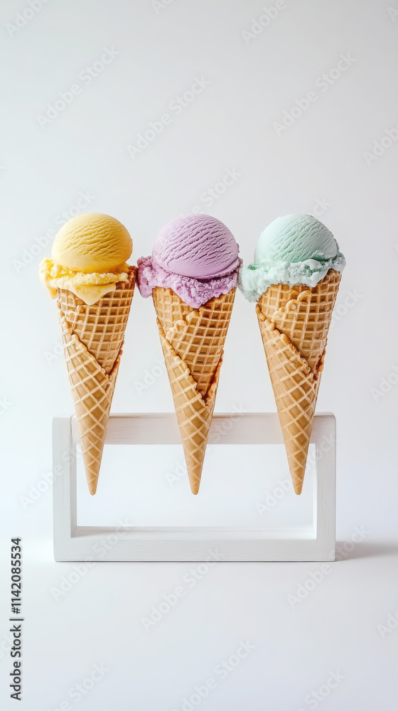 Colorful ice cream cones on display - summer dessert inspiration for creative design