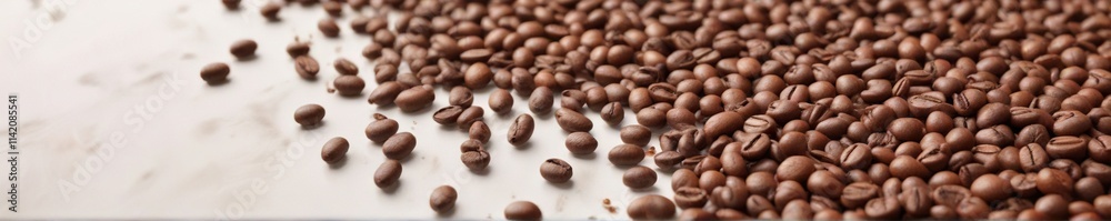 Rich aroma of brown roasted coffee beans scattered on a white surface , texture, coffee, coffee grains Rich aroma of brown roasted coffee beans scattered on a white surface , texture, coffee, coffee grains