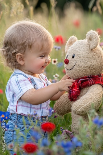 Happy Toddler Boy Plays with His Teddy Bear in a Field of Vibrant Summer Wildflowers. photo