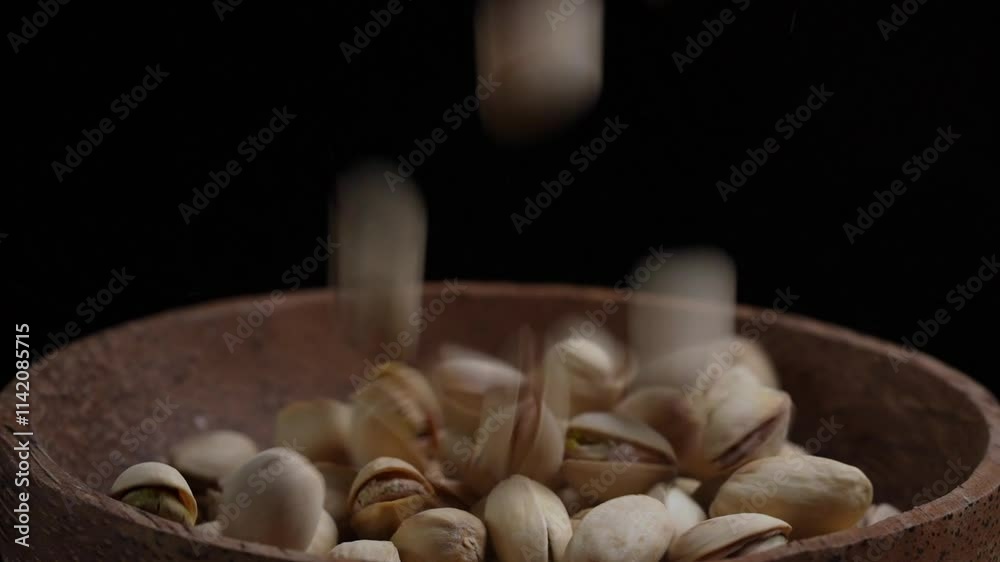 Tasty unpeeled pistachios nuts fall into the bowl on a black background, slow motion, close up. Pile pistachio kernels nuts with shells