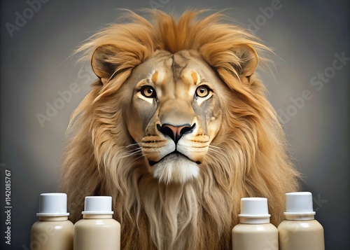 Majestic Lion Skincare: Worm's Eye View of a Regal Creature Promoting Beauty Products photo