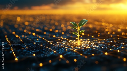 Emerging Green Plant Symbolizing Growth and Innovation in a Digital Landscape at Sunset