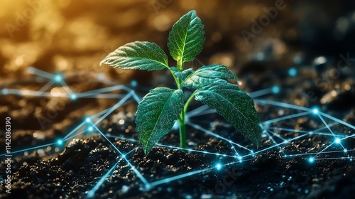 Emerging Plant Growth with Digital Network Connections Signifying Innovation in Agriculture Technology