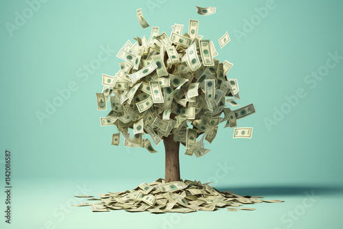 A conceptual image of a money tree with cash and dollar bills growing on its branches, set against a blue background. growth, investment, and wealth accumulation