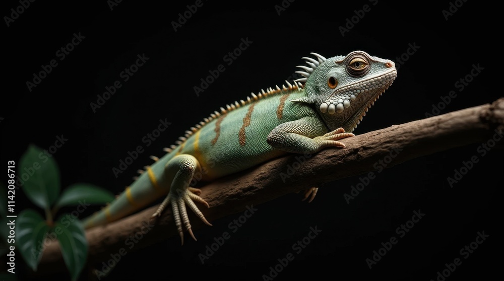 Obraz premium Hyperrealistic Macro Photograph of a Perched Iguana Resting on a Branch