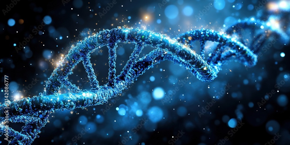 Glowing Blue DNA Strand on Dark Background with Fine Details and Sparkle Effects for Scientific and Artistic Imagery Glowing Blue DNA Strand on Dark Background with Fine Details and Sparkle Effects for Scientific and Artistic Imagery