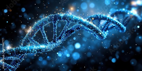 Glowing Blue DNA Strand on Dark Background with Fine Details and Sparkle Effects for Scientific and Artistic Imagery