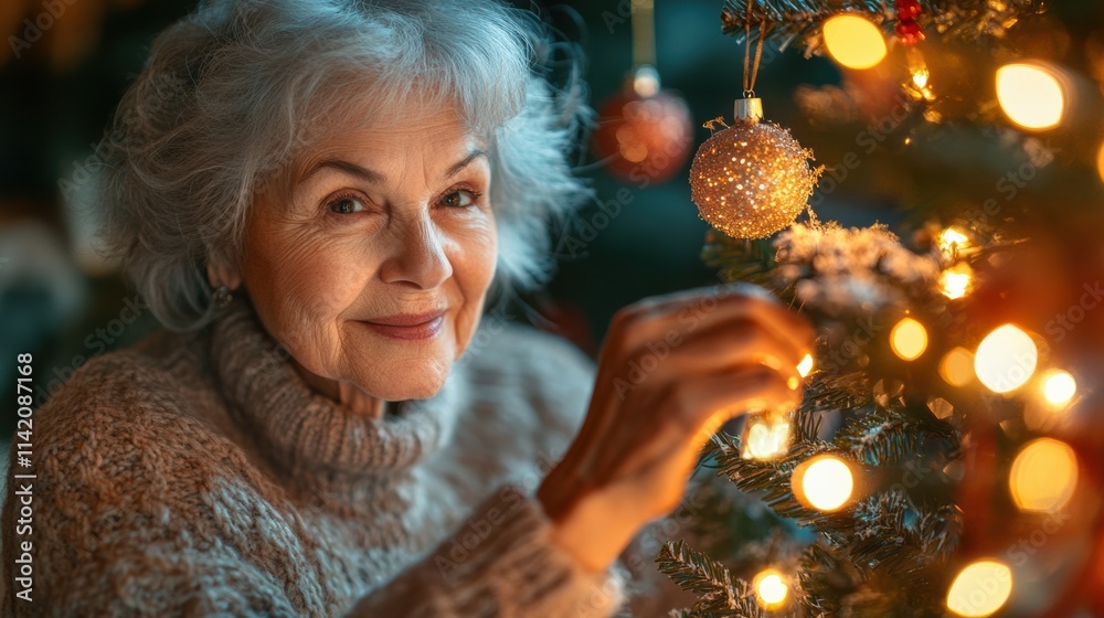 Elderly woman decorating Christmas tree, glowing festive lights, cozy holiday ambiance, warm seasonal atmosphere, joyful celebration, nostalgic moment, winter magic, indoor festive cheer Elderly woman decorating Christmas tree, glowing festive lights, cozy holiday ambiance, warm seasonal atmosphere, joyful celebration, nostalgic moment, winter magic, indoor festive cheer