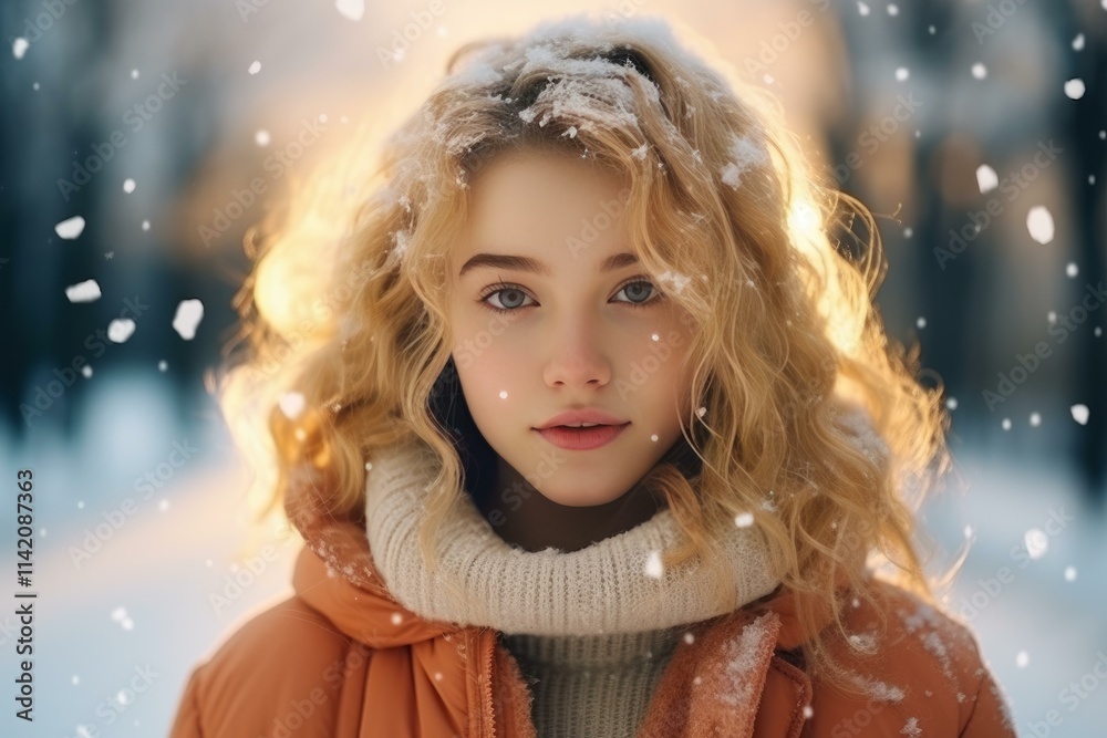 Young woman with curly blonde hair enjoying snowfall in a winter forest