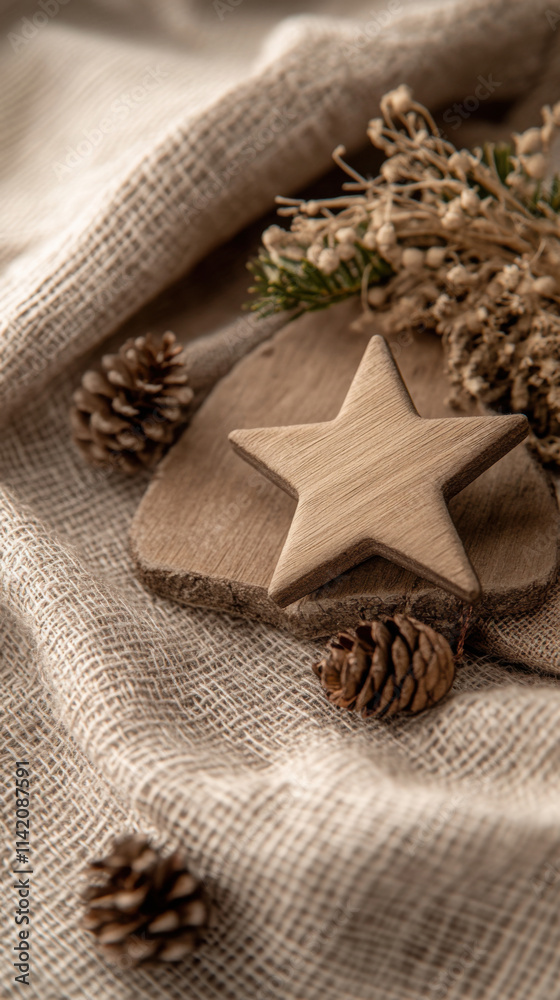 Rustic christmas card design with wooden star and natural elements Rustic christmas card design with wooden star and natural elements