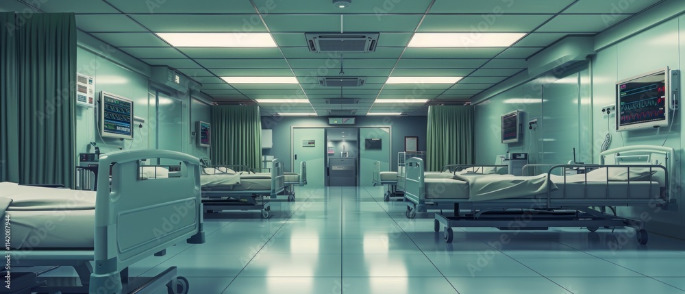 A bright hospital hallway with lined-up beds, digital monitors, and colored walls. Metal frames, mattresses, and sheets on beds. Visible doors and lights on ceiling. A bright hospital hallway with lined-up beds, digital monitors, and colored walls. Metal frames, mattresses, and sheets on beds. Visible doors and lights on ceiling.