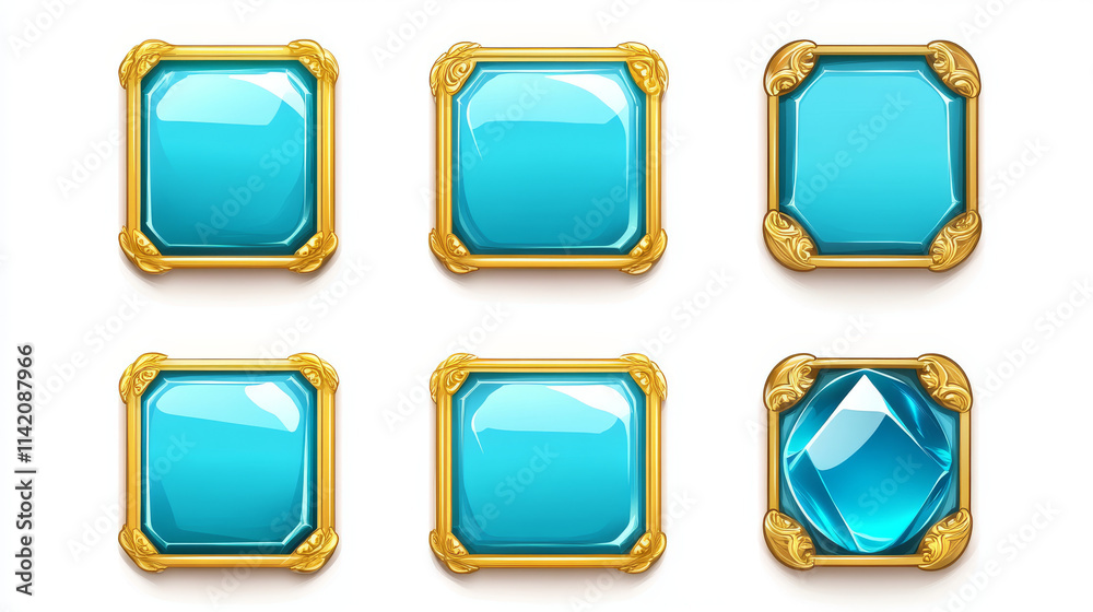 Blue game buttons with gold fantasy frames. Vector cartoon set of old glossy award badges, square achievement labels with decorative golden borders isolated on background Blue game buttons with gold fantasy frames. Vector cartoon set of old glossy award badges, square achievement labels with decorative golden borders isolated on background