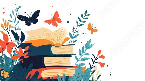 Colorful Illustration of Stack of Books Surrounded by Vibrant Flowers, Butterflies, and Leaves, Representing Nature, Knowledge, and Aesthetic Reading Experience photo