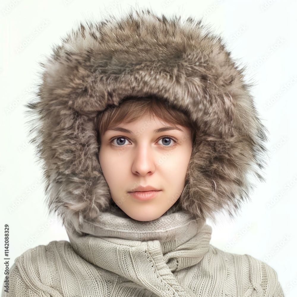 Beautiful young woman with blue eyes wearing a warm fur hood and knitted sweater posing in studio against a white background Beautiful young woman with blue eyes wearing a warm fur hood and knitted sweater posing in studio against a white background