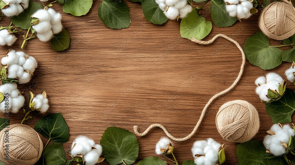 Flat lay of cotton flowers, leaves, and yarn on wood. Flat lay of cotton flowers, leaves, and yarn on wood.