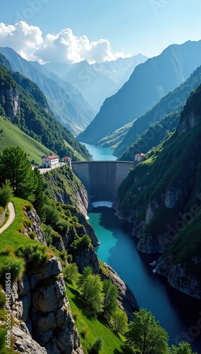 Hydroelectric power plant amidst mountains and valleys, landscape, italia, nature