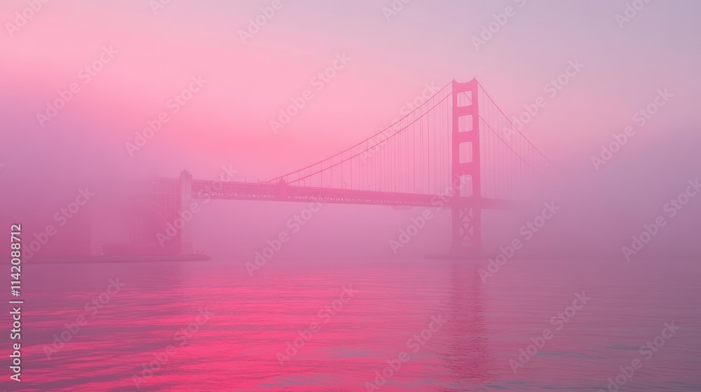 Fototapeta premium Foggy pink sunrise over suspension bridge.