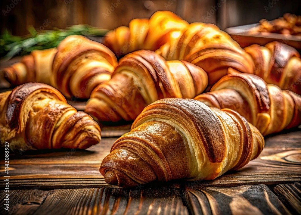 Golden croissants, flaky and buttery, warm from the oven, a rustic bakery breakfast delight. Golden croissants, flaky and buttery, warm from the oven, a rustic bakery breakfast delight.