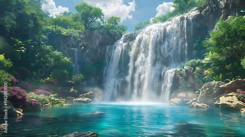 Majestic waterfall in a tropical jungle