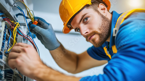 Skilled electrician working with junction box in studio setting for electrical safety and maintenance concept photo