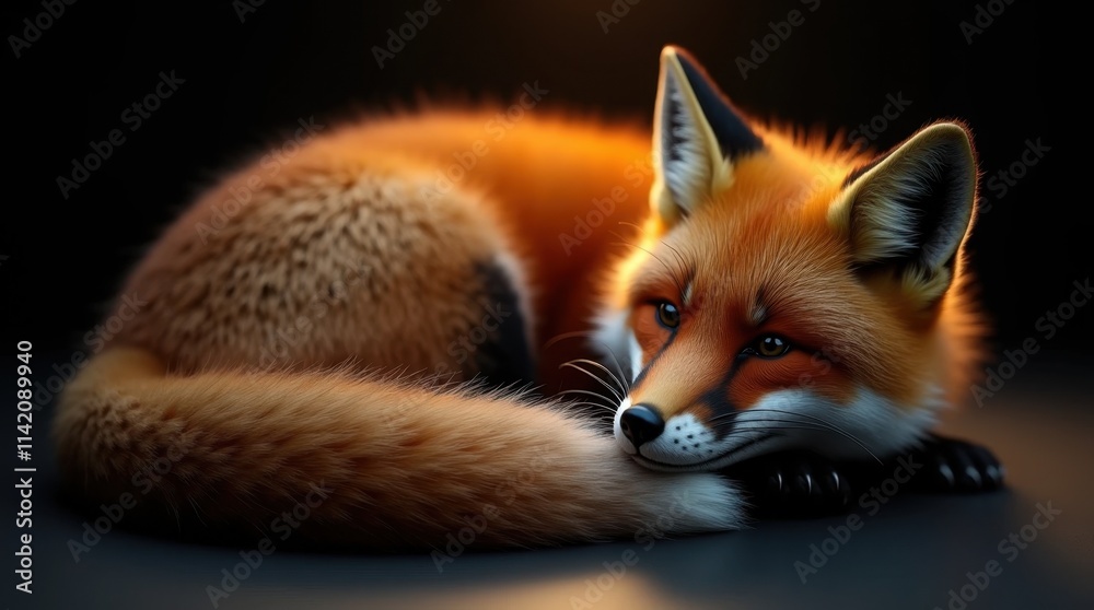 Obraz premium Hyperrealistic Photo of a Curled-Up Red Fox with Soft Fur