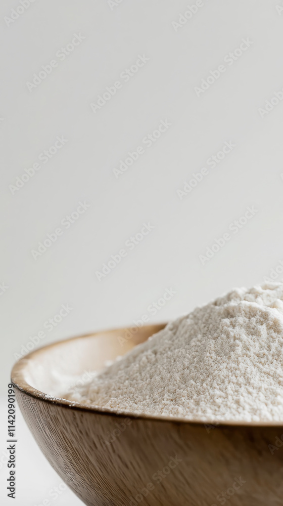 Organic gluten free flour in wooden bowl - natural ingredient for healthy baking and cooking Organic gluten free flour in wooden bowl - natural ingredient for healthy baking and cooking