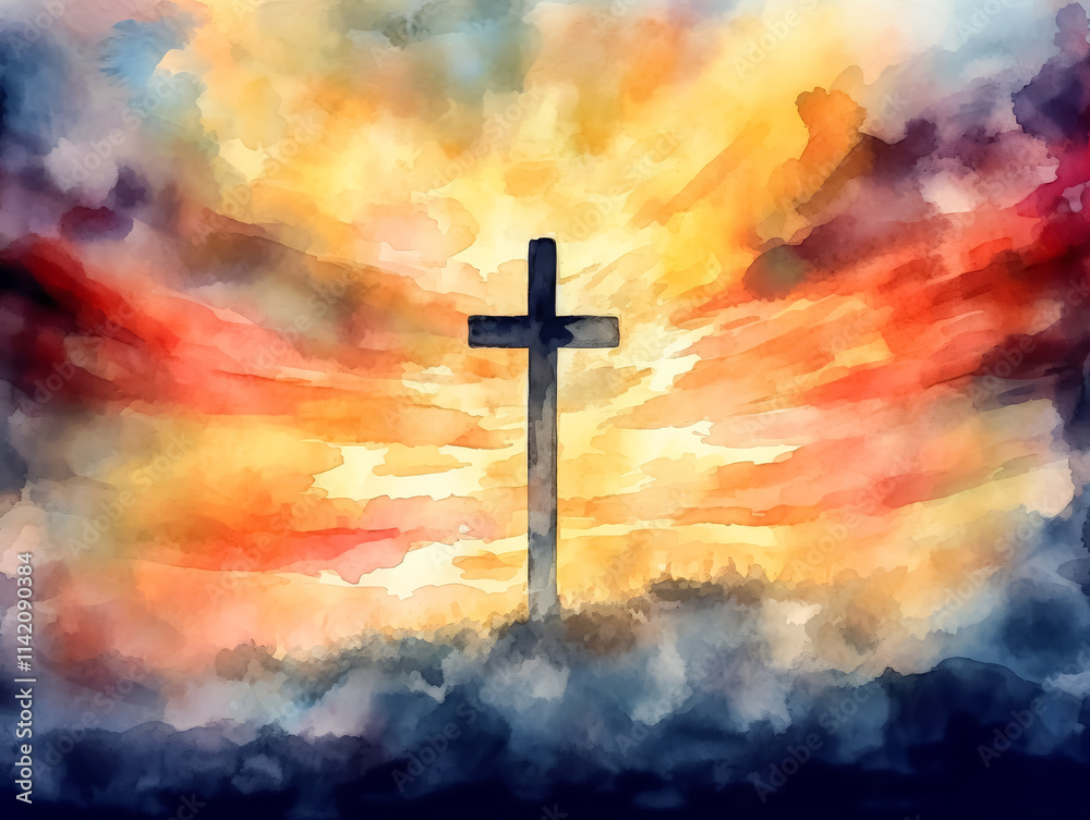 Obraz premium Painting of a cross with a sun in the sky. The sky is filled with clouds and the sun is shining brightly. The painting has a peaceful and serene mood, with the cross representing hope