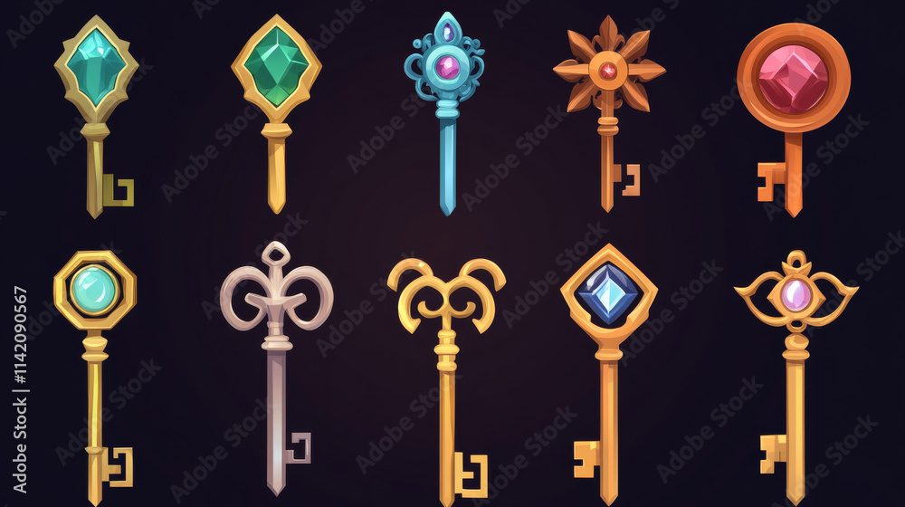 Set of keys made of wood, gold, silver and stone isolated on dark background. Cartoon vector illustration of different rank trophies. Collection of game props, level awards. Gui design elements Set of keys made of wood, gold, silver and stone isolated on dark background. Cartoon vector illustration of different rank trophies. Collection of game props, level awards. Gui design elements