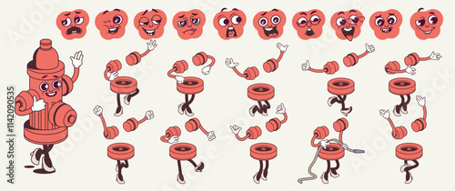 Fire hydrant cartoon character with groovy comic faces set. Funny mascot with bundle of smile, sad, wink, cry, wow, love and other facial emotions, legs poses, hands gestures. Vector illustration.