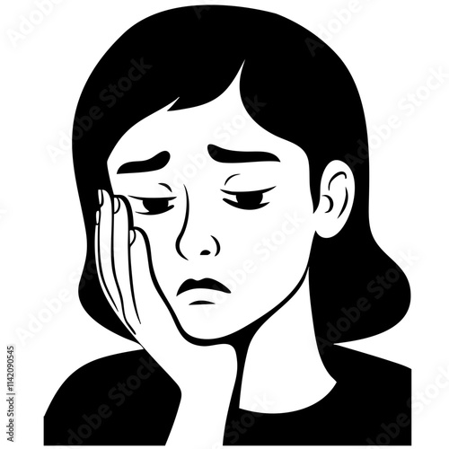 Black and White Illustration of a Sad Woman Holding Her Face in Thought