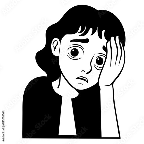 Black and White Illustration of a Sad Woman Holding Her Face in Thought