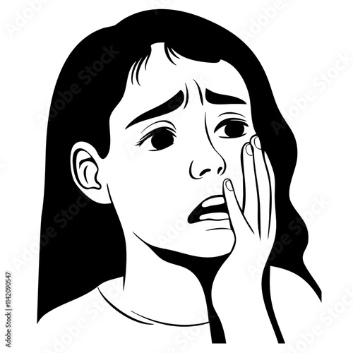 Black and White Illustration of a Sad Woman Holding Her Face in Thought