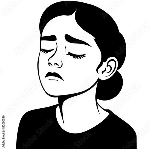Black and White Illustration of a Sad Woman Holding Her Face in Thought
