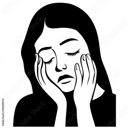 Black and White Illustration of a Sad Woman Holding Her Face in Thought