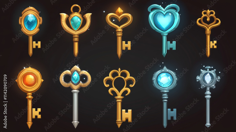 Set of keys made of wood, gold, silver and stone isolated on dark background. Cartoon vector illustration of different rank trophies. Collection of game props, level awards. Gui design elements Set of keys made of wood, gold, silver and stone isolated on dark background. Cartoon vector illustration of different rank trophies. Collection of game props, level awards. Gui design elements