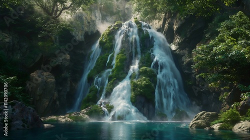 A stunning waterfall flowing through a green jungle, surrounded by lush foliage and a crystal-clear pool, offering a peaceful natural escape. photo