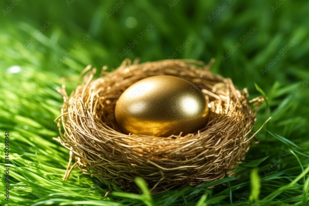Obraz premium Gold ball is sitting in a nest made of grass. The nest is small and the ball is large, creating a sense of contrast between the two. The image evokes a feeling of warmth and comfort