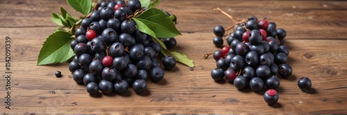 Wallpaper Mural Bunch of chokeberry Aronia melanocarpa berries on a wooden surface, table, wood, forest berries Torontodigital.ca