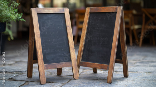 Blackboard stands set isolated on transparent background. Vector realistic illustration of wooden and plastic advertising sign boards front view, menu displays with blank surface, promo banner design photo