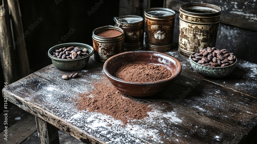 A rustic wooden table covered with a dusting of cacao powder, surrounded by vintage cocoa tins and a ceramic bowl of cocoa beans A rustic wooden table covered with a dusting of cacao powder, surrounded by vintage cocoa tins and a ceramic bowl of cocoa beans