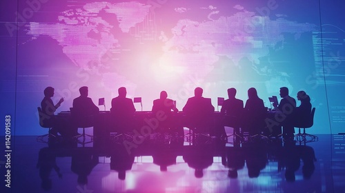 Representatives from various countries engaging in a roundtable discussion about global markets, prominent charts and graphs displayed. A world map in a background, collaboration and global unity photo
