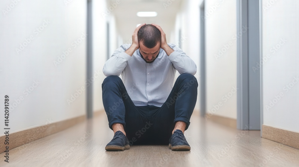 Depression and sadness diagnosis, A distressed man sits on the floor of a hallway, covering his ears with his hands, reflecting feelings of overwhelm and anxiety. Depression and sadness diagnosis, A distressed man sits on the floor of a hallway, covering his ears with his hands, reflecting feelings of overwhelm and anxiety.