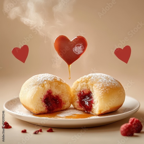 Split open pampukh donut with heart-shaped steam, raspberry and cherry jam, syrup and spices, cozy beige background photo