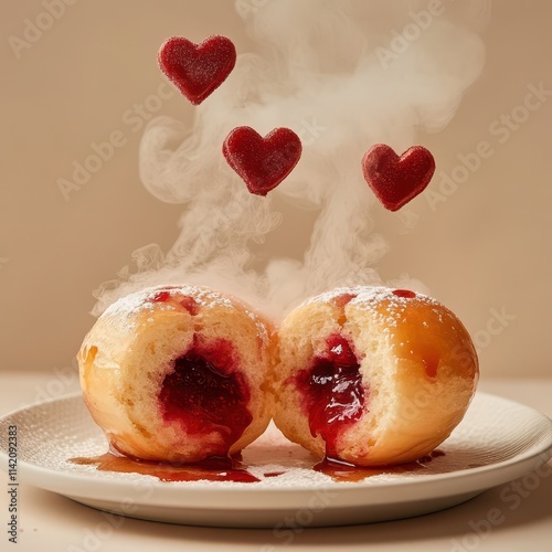 Split open pampukh donut with heart-shaped steam, raspberry and cherry jam, syrup and spices, cozy beige background photo