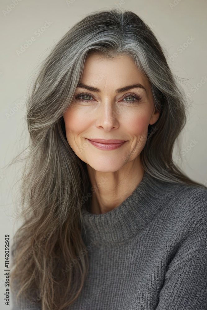 Obraz premium Portrait of a beautiful woman with gray hair, smiling woman with perfect skin on light background
