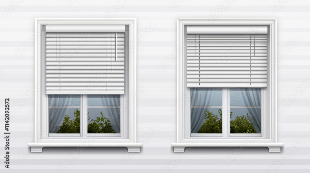 Window with roller shutter up and close. Plastic pvc double casement blinds. Opened and shut front view. Home facade design elements isolated on transparent background realistic 3d vector illustration Window with roller shutter up and close. Plastic pvc double casement blinds. Opened and shut front view. Home facade design elements isolated on transparent background realistic 3d vector illustration