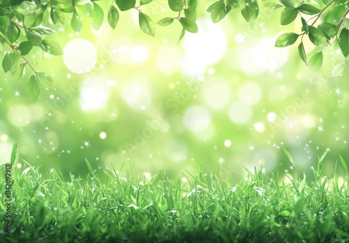 Beautiful Blurry Background of Green Grass and Leaves with Soft Light and Bokeh Effect for Nature, Freshness, Spring, and Relaxation Themes