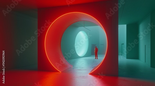 Man Standing in Modern Glowing Neon Interior, Futuristic Corridor in Pink and Teal Colors